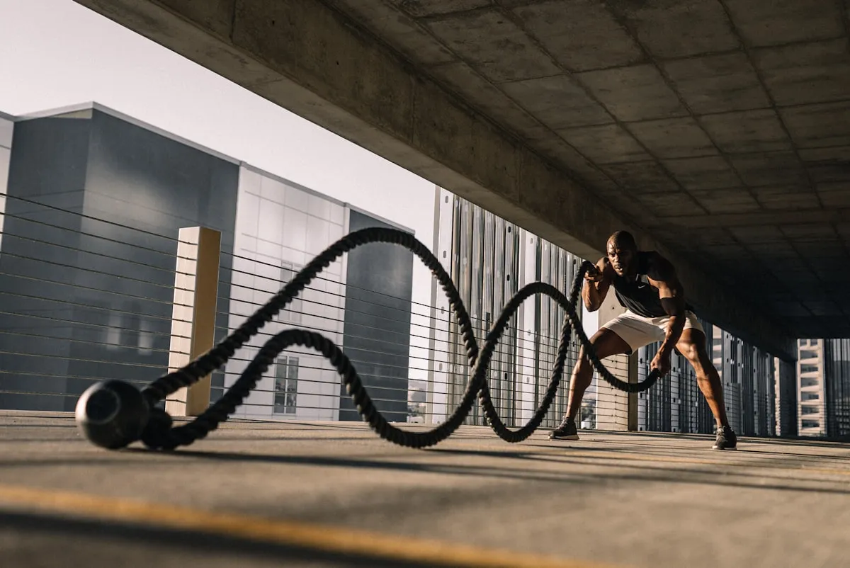 Man doing battle ropes mid-workout during a circuit training session