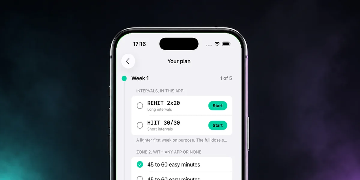 The PEAKVO2 8-week plan on an iPhone: week 1 with interval sessions, Zone 2, strength, and a fitness test