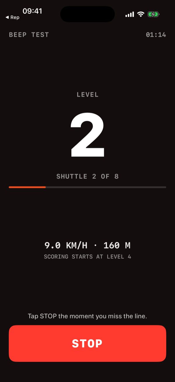 PEAKVO2 beep test running, showing the current level, shuttle count, speed in km/h, and a red STOP button PEAKVO2 beep test running, showing the current level, shuttle count, speed in km/h, and a red STOP button