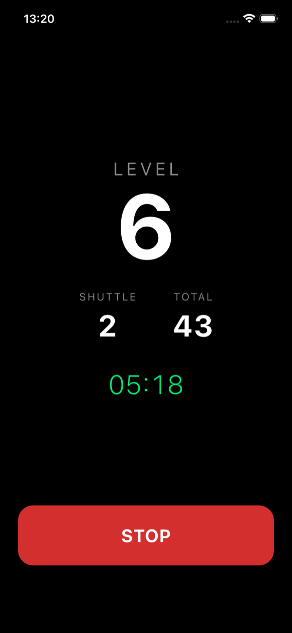 Beep test in progress showing level 6, shuttle 2, total 43