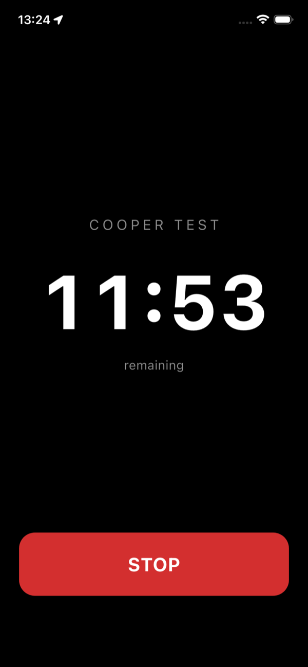 Cooper test countdown showing 11:53 remaining