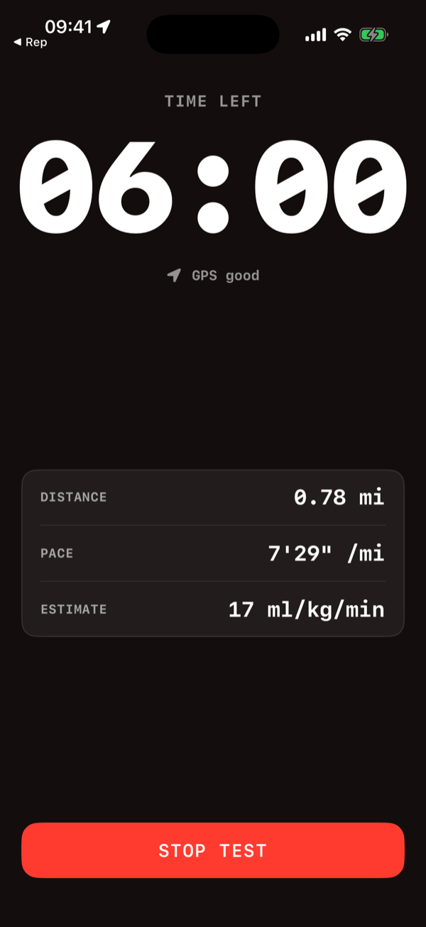 PEAKVO2 Cooper test running outdoors, showing time left, GPS status, live distance, pace, and a running VO2 max estimate