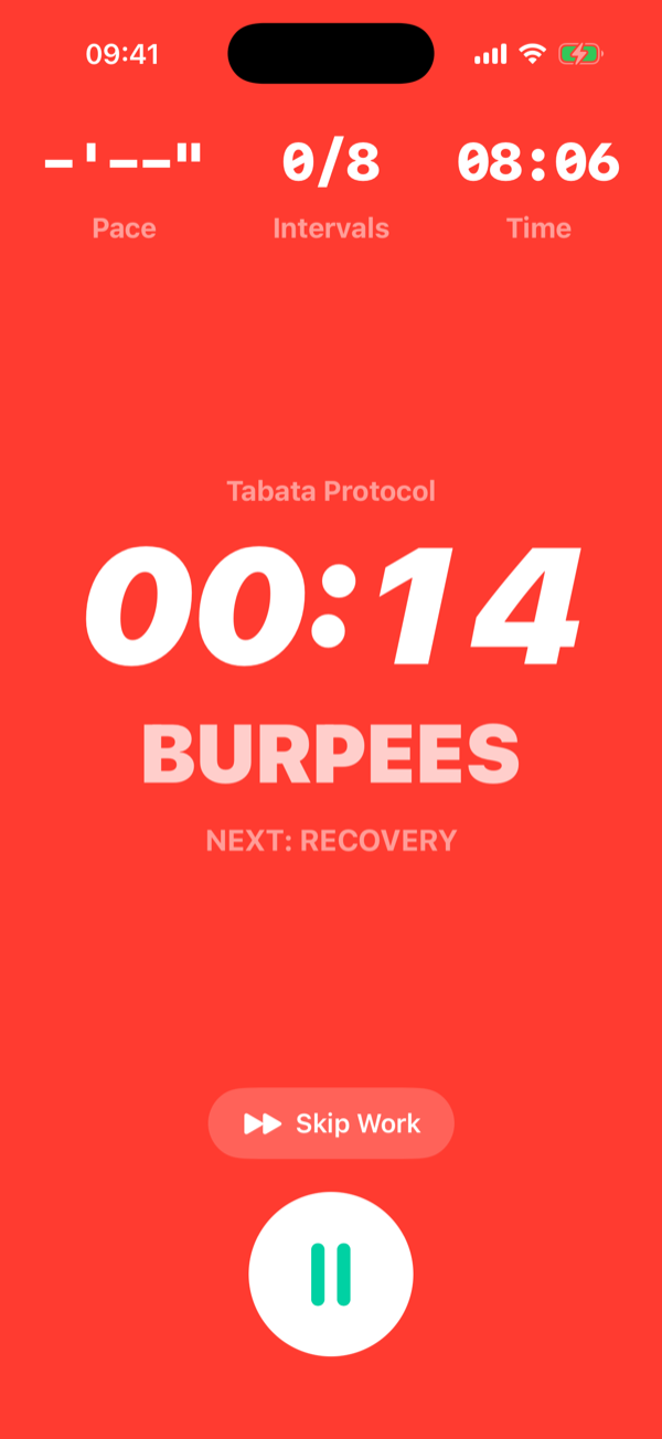 PEAKVO2 running a bodyweight Tabata, showing BURPEES full screen with the interval countdown and next movement