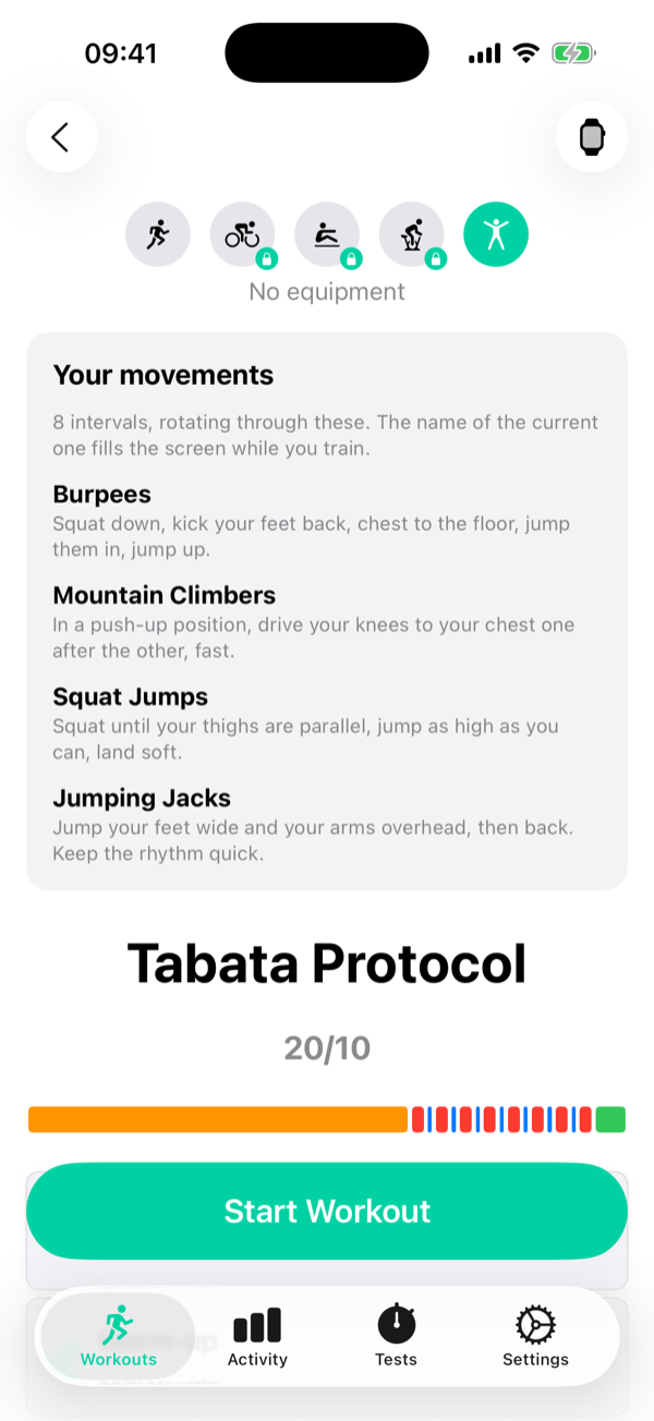 PEAKVO2 workout set to No equipment, listing the bodyweight movements burpees, mountain climbers, squat jumps, and jumping jacks PEAKVO2 workout set to No equipment, listing the bodyweight movements burpees, mountain climbers, squat jumps, and jumping jacks